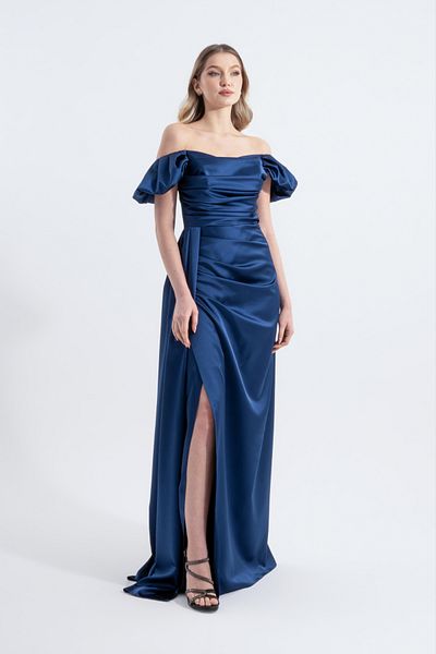 HOX'S Cloe Satin Strapless Maxi Evening Dress - Midnight Blue with Low Sleeves and Draped