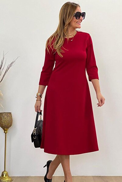 Deafox Red Long Sleeve Crew Neck Midi Imported Crepe Dress