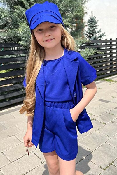Riccotarz Girl's Sleeveless Combed Cotton Blouse Short Sleeve Blazer Jacket Hat Saks Blue Shorts Suit