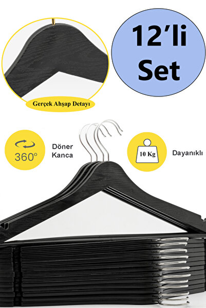 ARCH 12 Adet Ahşap Görünümlü Plastik Siyah Elbise Askı