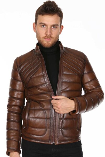 DeriWork Hakiki Kuzu Derisi Taba Erkek Deri Mont Düz Çizgi Desenli Fermuarlı ...