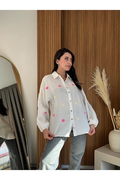 HARMONY GLOBAL Women's Ecru Heart Embroidered Muslin Fabric Pinterest Shirt