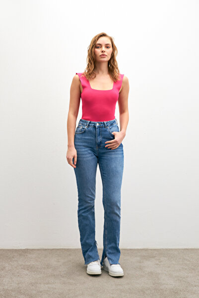 Bipantolon Γυναικείο φούξια βασικό τετράγωνο γιακά αμάνικο μπλουζάκι Χοντρό λουράκι Καλοκαιρινό/χειμωνιάτικο πλεκτό εσώρουχο