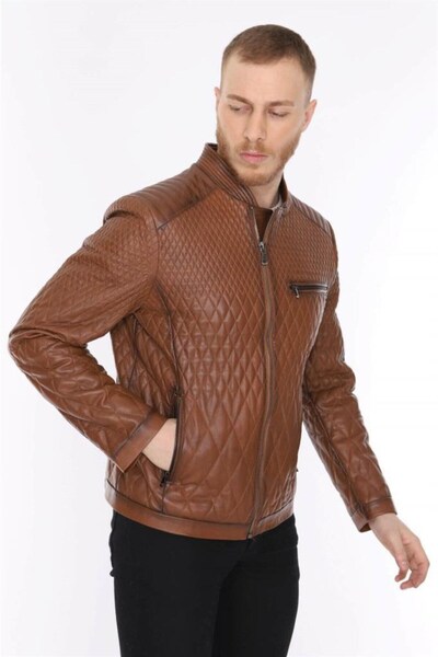 DeriWork Men's Genuine Lamb Leather Jacket with Diamond Pattern Zipper