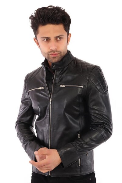 DeriWork Genuine Lambskin Shoulder Diamond Patterned Sleeve Zipper Detailed Four Pocket Leather Jacket Black