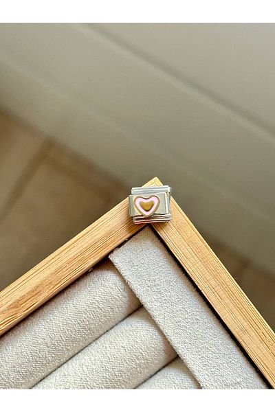 YOUES JEWELRY 9mm Stainless Steel Charm - Pink Heart and Gold Detail