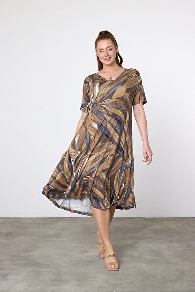 NUR TEKSTİL kadın kahve  penye   Desenli Kısa Kollu  otantik-etnik  Elbise