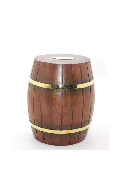Mu Art Ahşap Brass Wooden Barrel Piggy Bank 18 cm