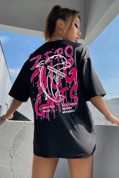 PERISENSE Unisex Black Crew Neck Games Printed Oversize