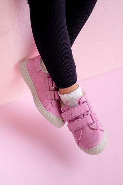 kids A more Pearl Double Velcro Leather and Fur Inside Girls Shoes Pink
