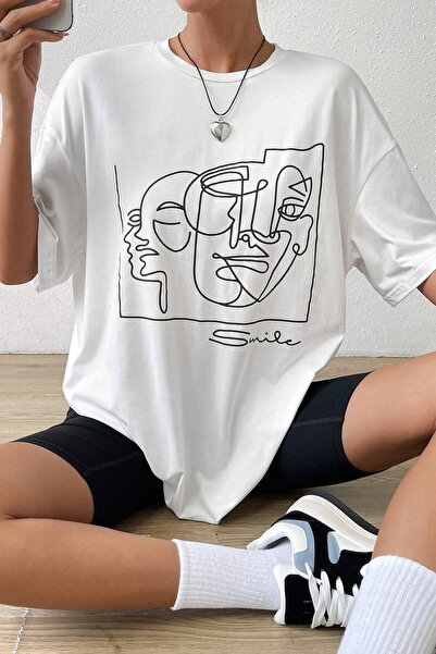 PERISENSE للجنسين الأبيض طاقم الرقبة وجه ابتسامة مطبوعة المعتاد