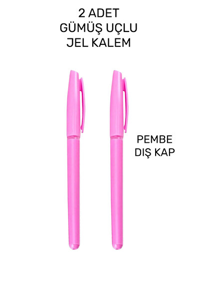 2 Adet Jel Kalem - Anı Defteri Kalemi - Albüm Kalemi - Gümüş Jel Kalem - Pembe Kab