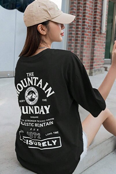 YRN COLLECTION Women's Black Mountain Printed Oversize