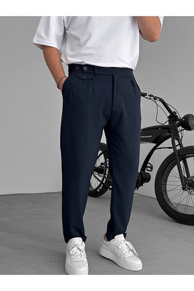 BYBASICMAN Navy Blue Pocket Pleated Fabric Trousers Ke-1035