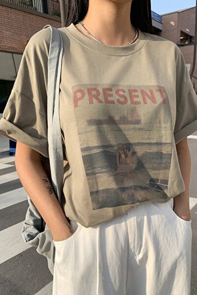 PERISENSE Μπλουζάκι Unisex Beige Gift Printed Oversize