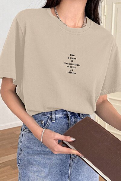 PERISENSE Unisex Bej Cămașă Cu Gât Rotund The Power Imprimată Oversize