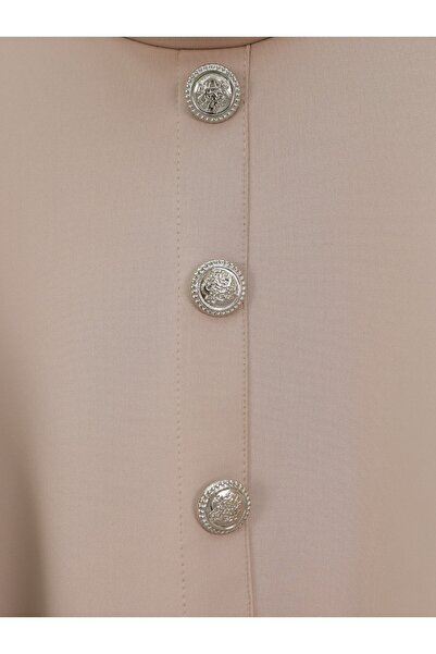 Modamorfo Beige Button Detailed Stand Collar Shoulder Scuba Suit