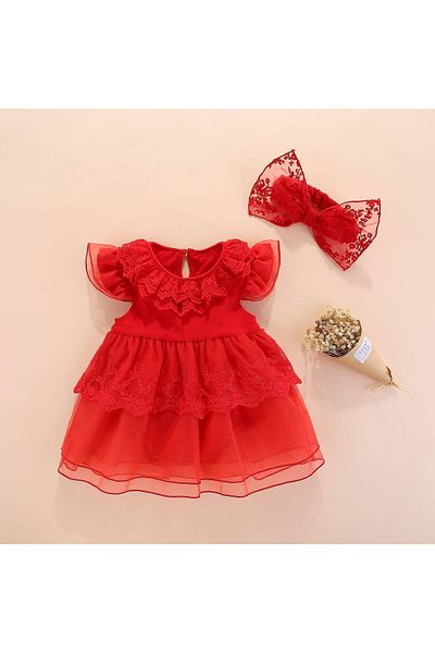 nannie Azara Red Headband Dress for Girls, 1-3 months, 55-61 CM