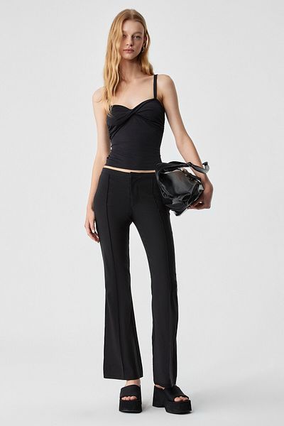 GRIMELANGE Efilius Women's Slim Wide Leg Zippered Black Trousers