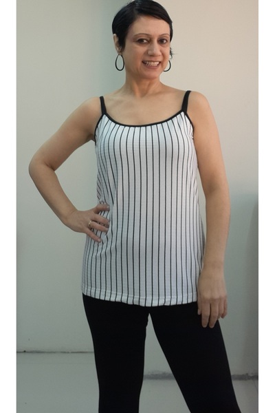 Mertcan Butik White Black Striped Rope Strap Combed Viscose T-Shirt