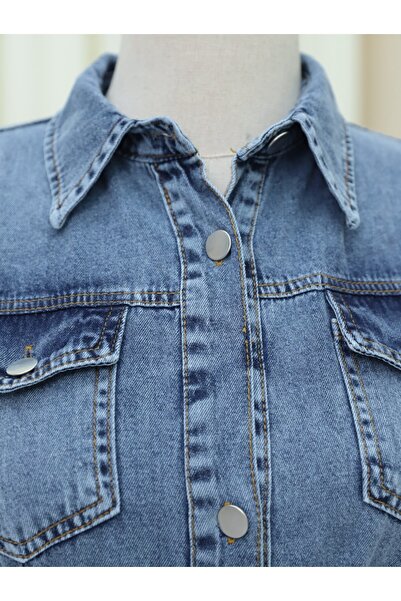 Modamorfo Τζιν φόρεμα με κουμπιά με τσέπες και ζώνη - Ice Blue