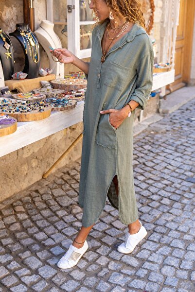 Güneşkızı Haki Yıkamalı Keten Yarım Patlı Cepli Elbise GK-RSD2083 124 66