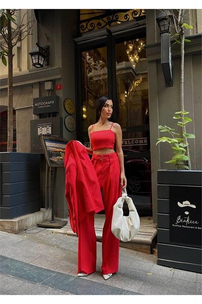 modaserdem 4 button sleeve - 3 jacket pant set with bustier - pomegranate