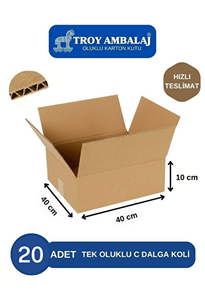 TROY AMBALAJ 40x40x10 Tek Oluklu Kutu C Dalga (20 ADET) Taşıma Taşınma Kolisi Boş Karton