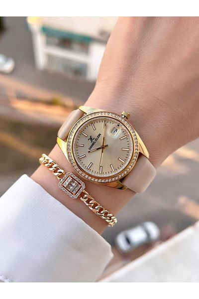Daniel Klein Leather Cord Takvinli Dial 3 Atm Water Resistant Women's Wristwatch + Bracelet