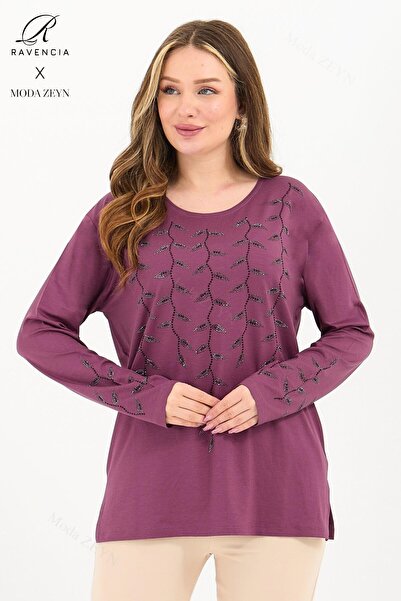 Ravencia بلوزة نسائية من القطن الممشط بنمط أوراق الفسكوز ومطرزة بالأحجار من ا...