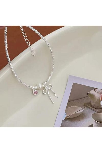 Vintageamer Steel |   Pearl & Bow Detailed Charm Bracelet
