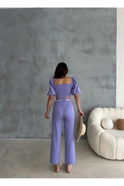 modaserdem Linen Crop Watermelon Sleeve Bluz-Pant with Strap Belt - Purple