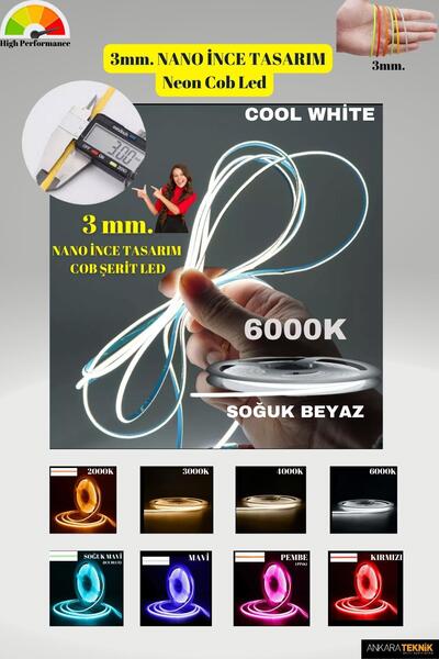 ankarateknik 3mm. Nano Ince Neon Cob Şerit Led 6000k/ Ince Tasarım/ 5 Metre Rulo /1 Metrede 384 Led Bright Chip