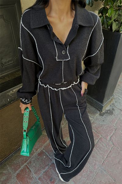 leyla sanat sanata yeni bir bakış açısı Leyla Sanat a New Perspective on Art Tie Belted Bluz Pant Suit Chenille Fabric - Black