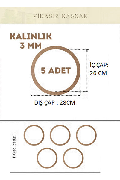 Rapithwin 28 cm Vidasız Ahşap Kasnak, 5 Adet, 3 mm (2,7 mm) Kalınlık