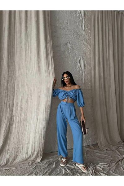 modaserdem    Linen Crop Bluz Bibble Collar + Pants Suit - Blue