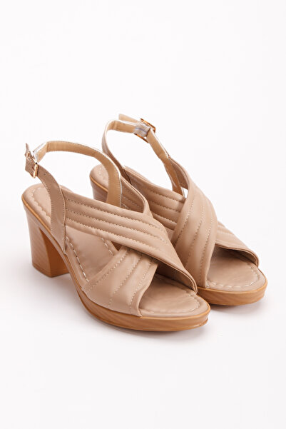 L&L Beige Thick Heel Cross Strap Women's Sandals