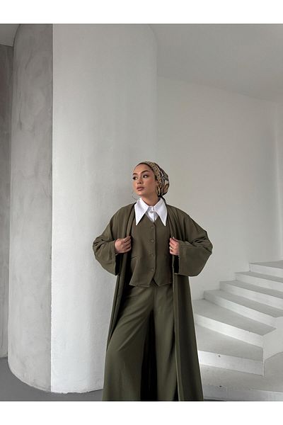 fmnbutik Hijab Matching Brand Equivalent Triple Design Vest, Trousers, Long Kimono Belt Coat Casual Stylish Set