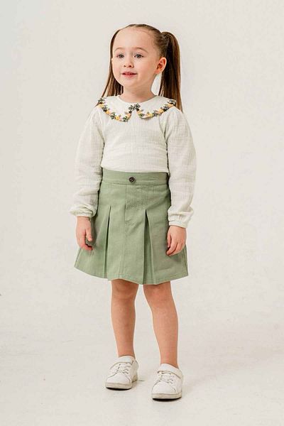 EGELİMODA Seasonal Green Pleated Girl's Set with Floral Embroidered Skirt
