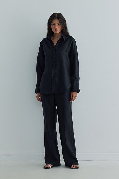 Suud Collection Tina Black Linen Basic Shirt with Pockets