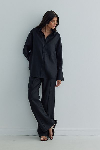 Suud Collection Tina Black Linen Basic Shirt with Pockets