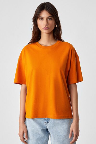 GRIMELANGE Jemmy Women's 100% Organic Cotton Relaxed Fit Slit Round Neck Orange T-Shirt