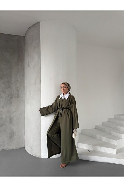 Genel Markalar tesettür uyumlu marka muadil üçlü tasarım yelek, pantolon, uzun kimono kuşaklı ceket rahat şık takım