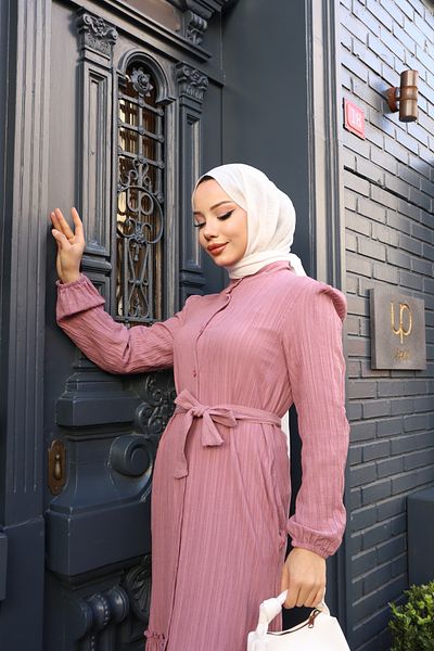 modessia ΓΥΝΑΙΚΕΙΟ Dusty Rose Φούστα με κουμπιά Πλισέ Ζώνη Lara Λινό Μακρύ Φόρεμα Hijab