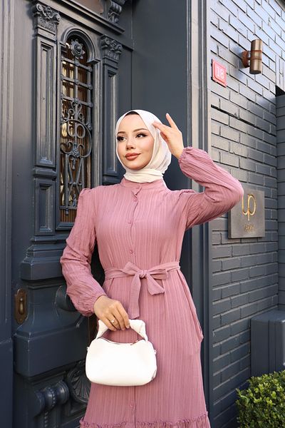 modessia ΓΥΝΑΙΚΕΙΟ Dusty Rose Φούστα με κουμπιά Πλισέ Ζώνη Lara Λινό Μακρύ Φόρεμα Hijab