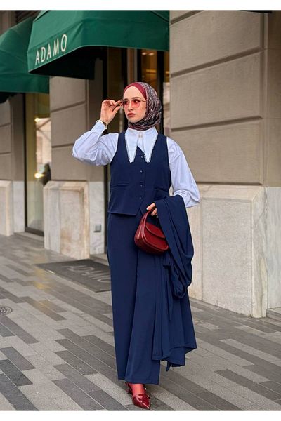 fmnbutik Hijab Matching Brand Equivalent Triple Design Vest, Trousers, Long Kimono Belt Coat Casual Stylish Set