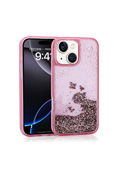 HTstore iPhone Compatible 15 Case Liquid Glitter Transparent Back Surface Zore Keto Silicone Cover-Pink