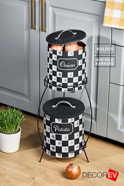 decorev Kulplu 2 Katlı Patates Soğanlık Dama Siyah Beyaz Desenli Metal Sebzelik Sepeti