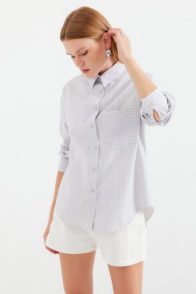 modaserdem 20212 Single Pocket Striped Oversize Shirt - Beige