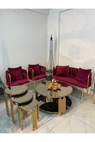 home plus mobilya Piyano Set Gold Bronz Çİft Camlı Orta Sehpa Zigon Sehpa Takımı